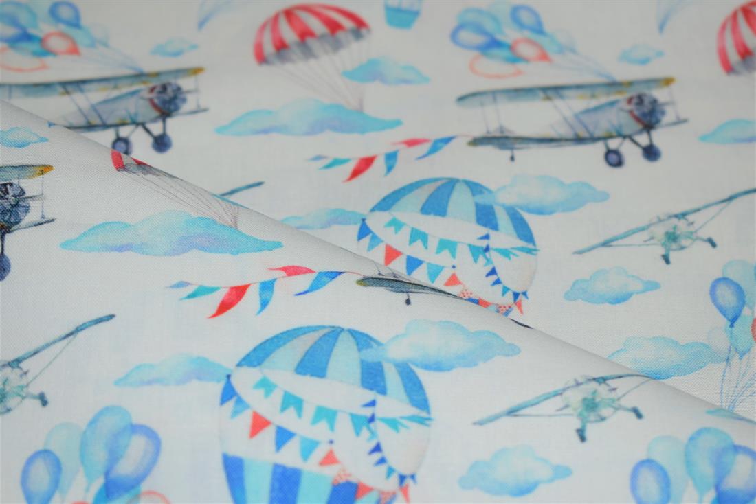 White & Blue Little Johnny Vintage Airplanes 100% Digital Cotton…