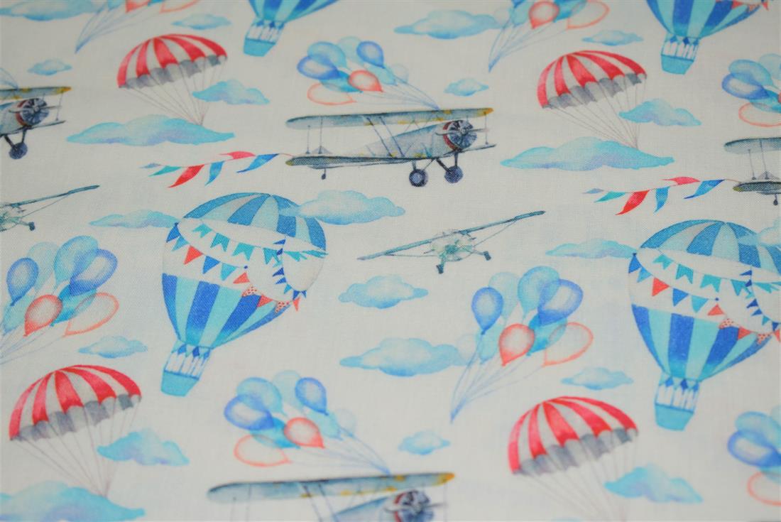 White & Blue Little Johnny Vintage Airplanes 100% Digital Cotton…