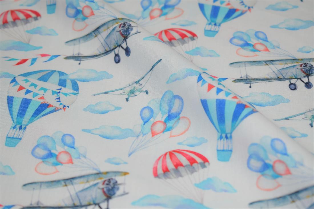 White & Blue Little Johnny Vintage Airplanes 100% Digital Cotton…