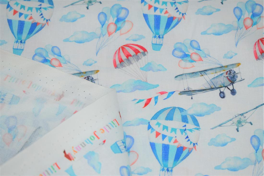 White & Blue Little Johnny Vintage Airplanes 100% Digital Cotton…