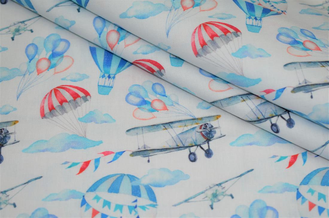 White & Blue Little Johnny Vintage Airplanes 100% Digital Cotton…