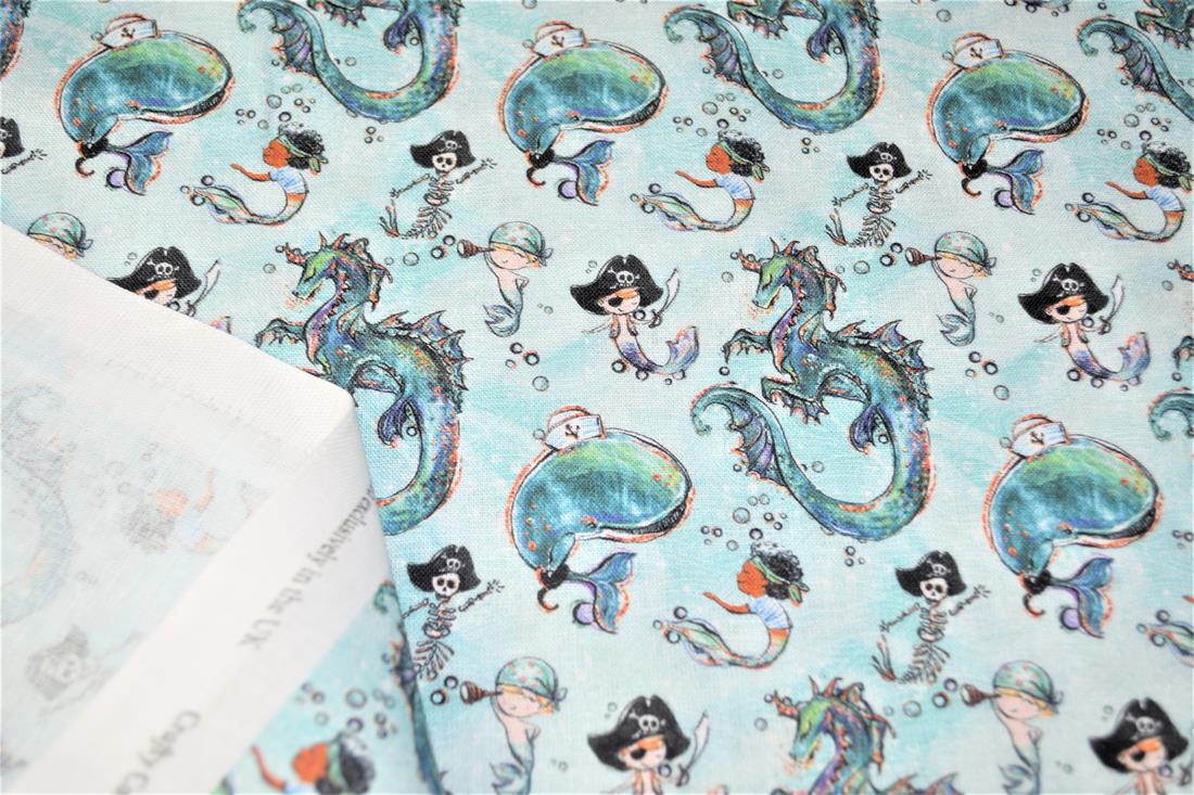 White & Mint Merboys Print Cotton Fabric