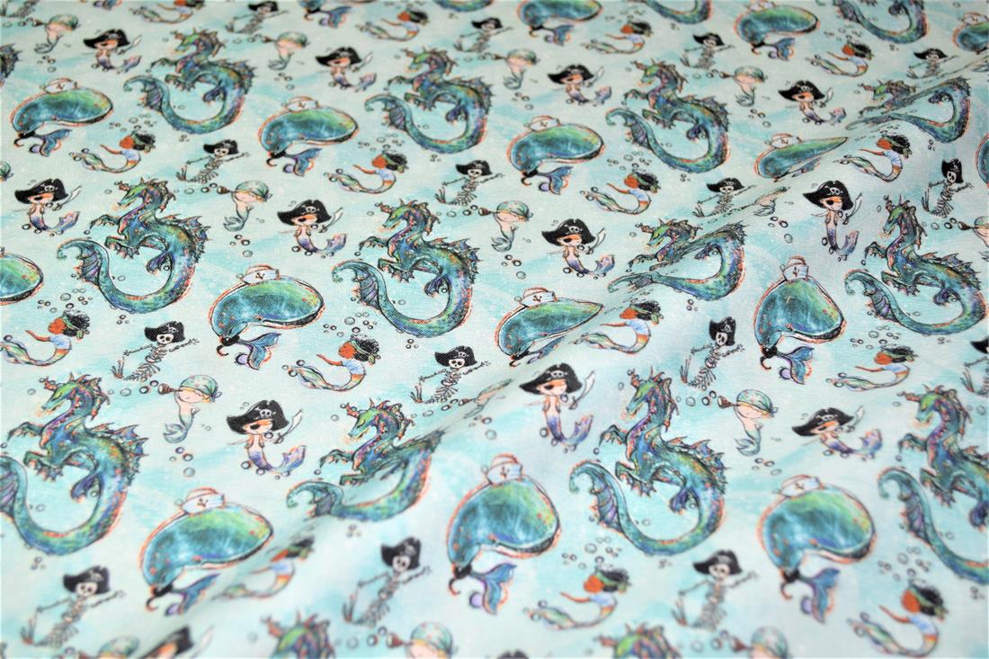 White & Mint Merboys Print Cotton Fabric