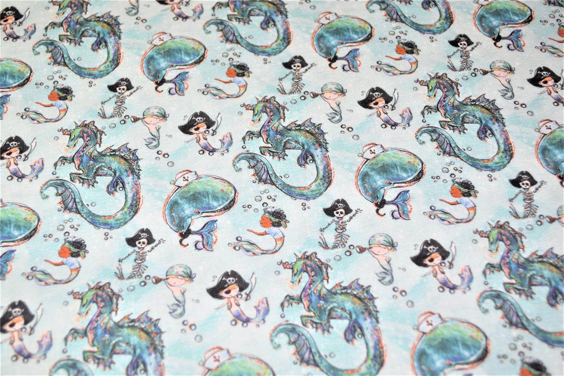 White & Mint Merboys Print Cotton Fabric