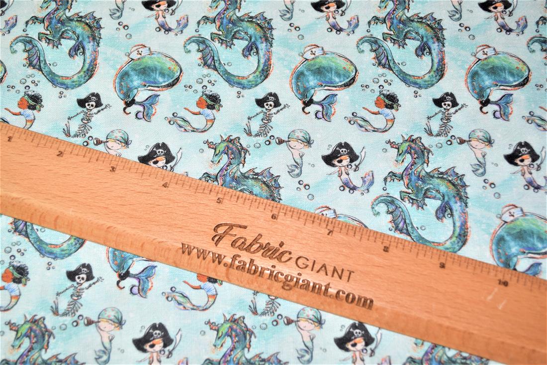 White & Mint Merboys Print Cotton Fabric