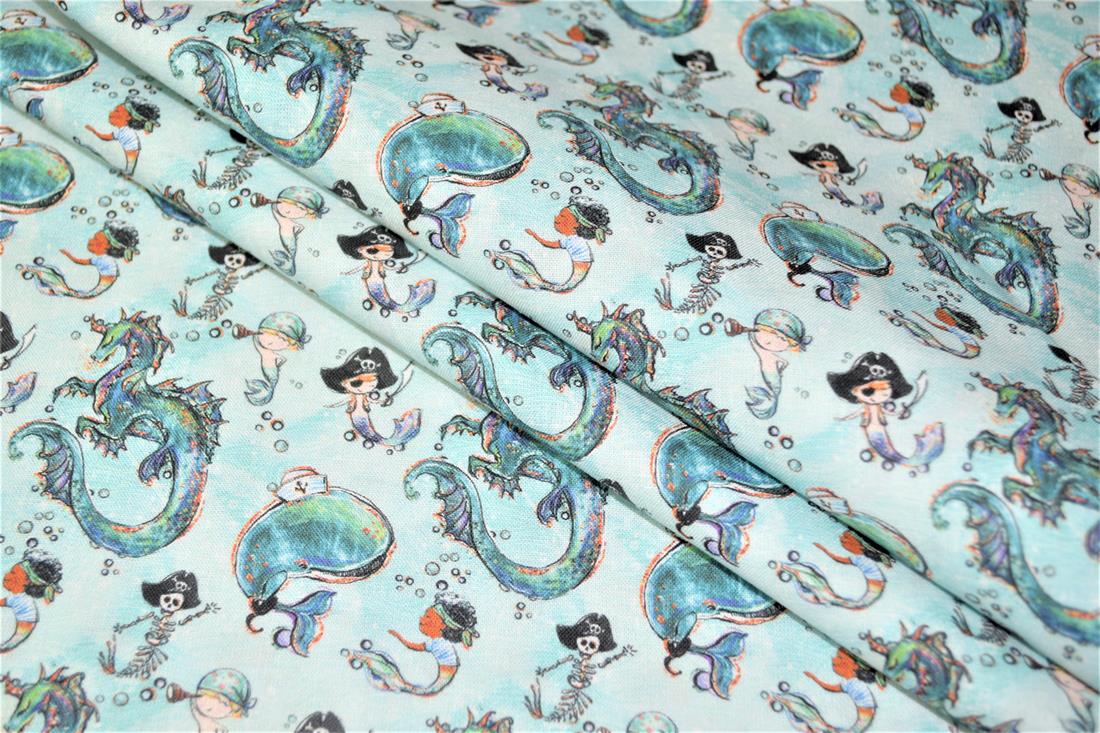 White & Mint Merboys Print Cotton Fabric