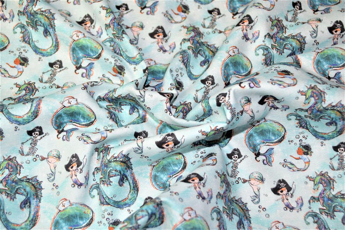 White & Mint Merboys Print Cotton Fabric