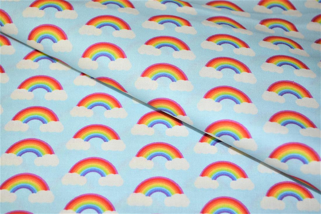 Sky Blue Digital Printed 100% Cotton, Rainbow Fabric