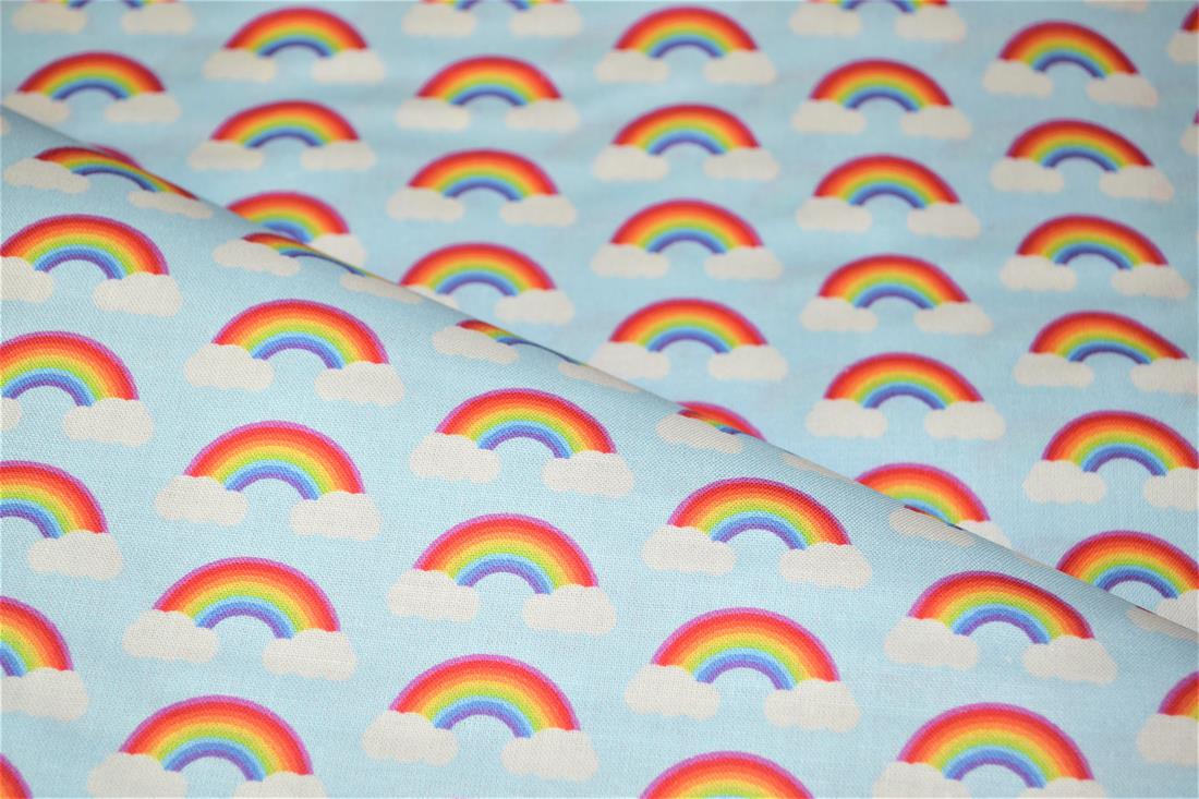 Sky Blue Digital Printed 100% Cotton, Rainbow Fabric