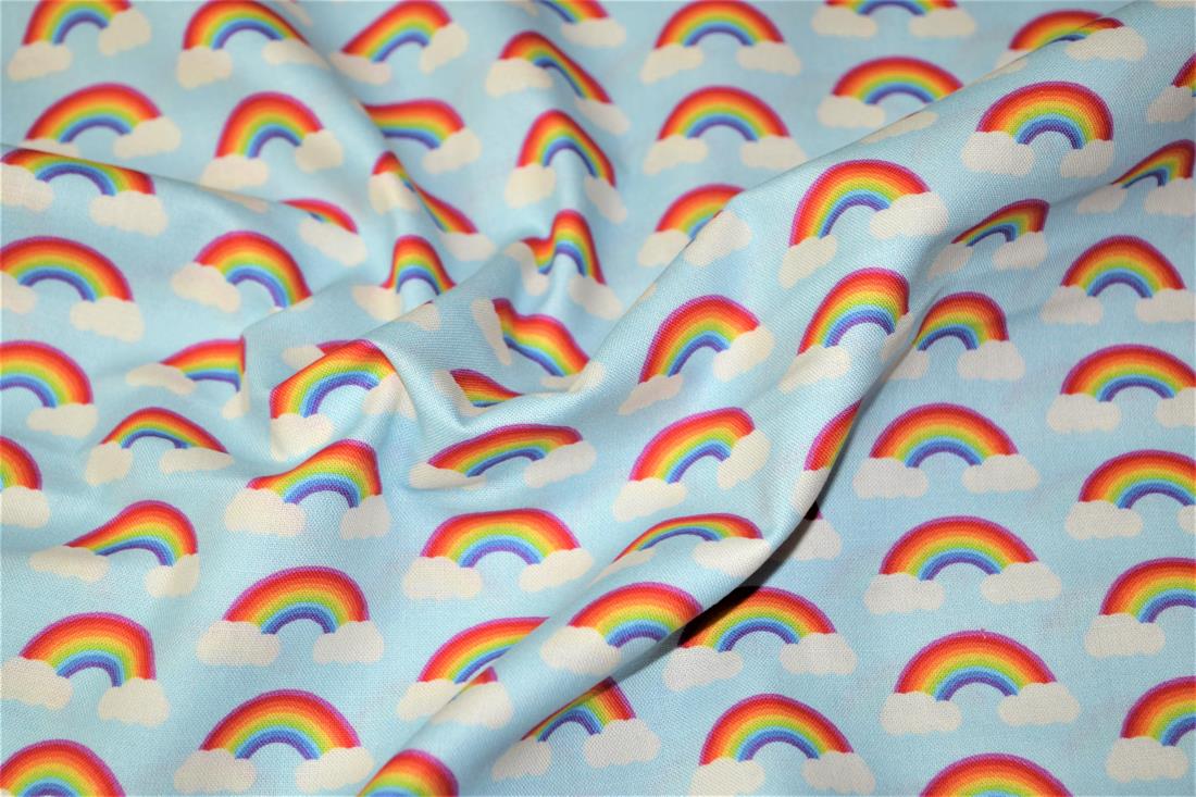 Sky Blue Digital Printed 100% Cotton, Rainbow Fabric