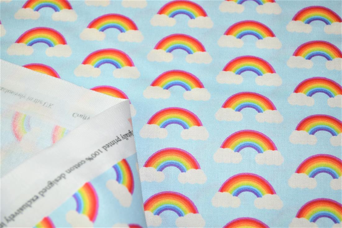 Sky Blue Digital Printed 100% Cotton, Rainbow Fabric