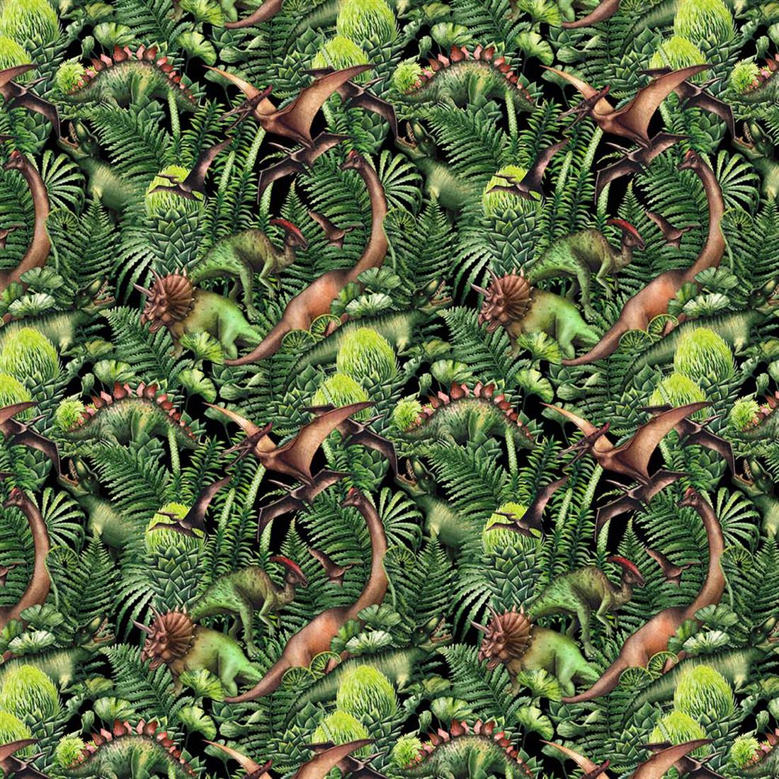 Green Printed 100% Cotton, Dino World Fabric