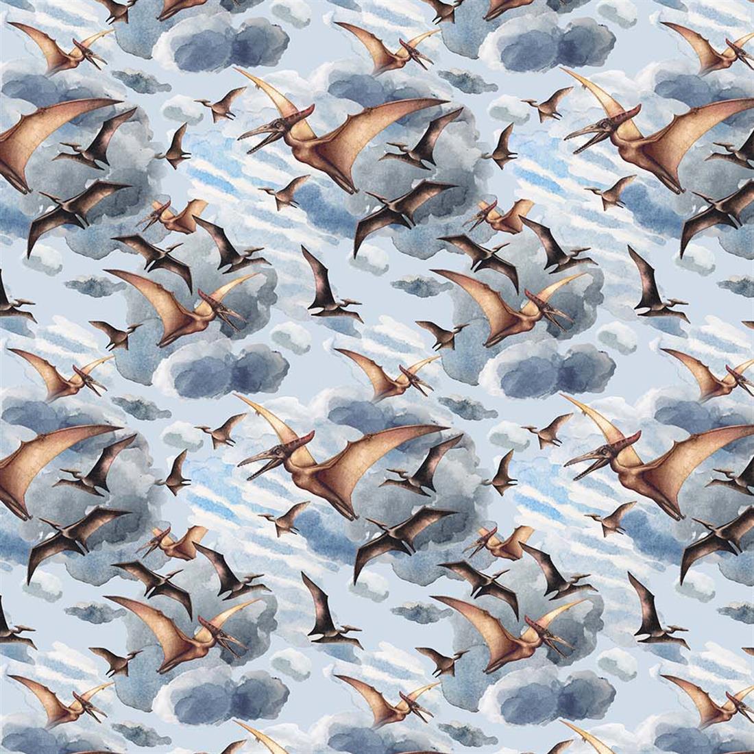 Light Grey Printed 100% Cotton, Dino World Fabric