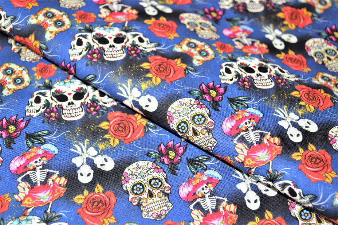 Navy Blue Day Of The Dead Printed 100% Cotton Fabric