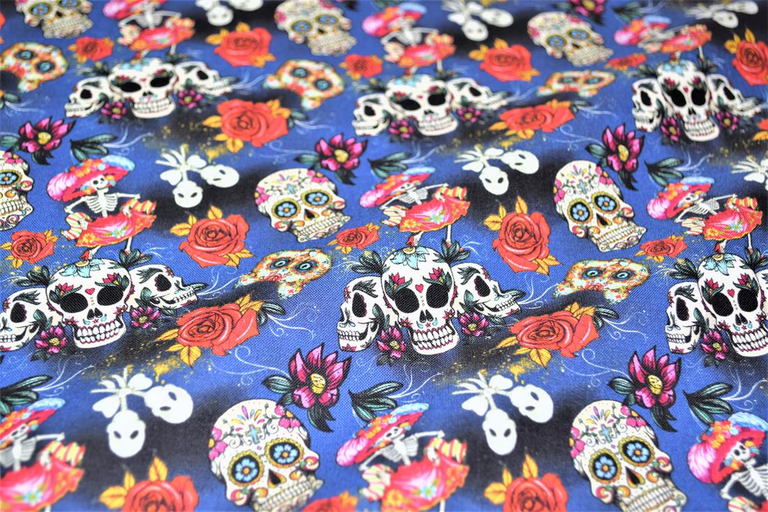 Navy Blue Day Of The Dead Printed 100% Cotton Fabric