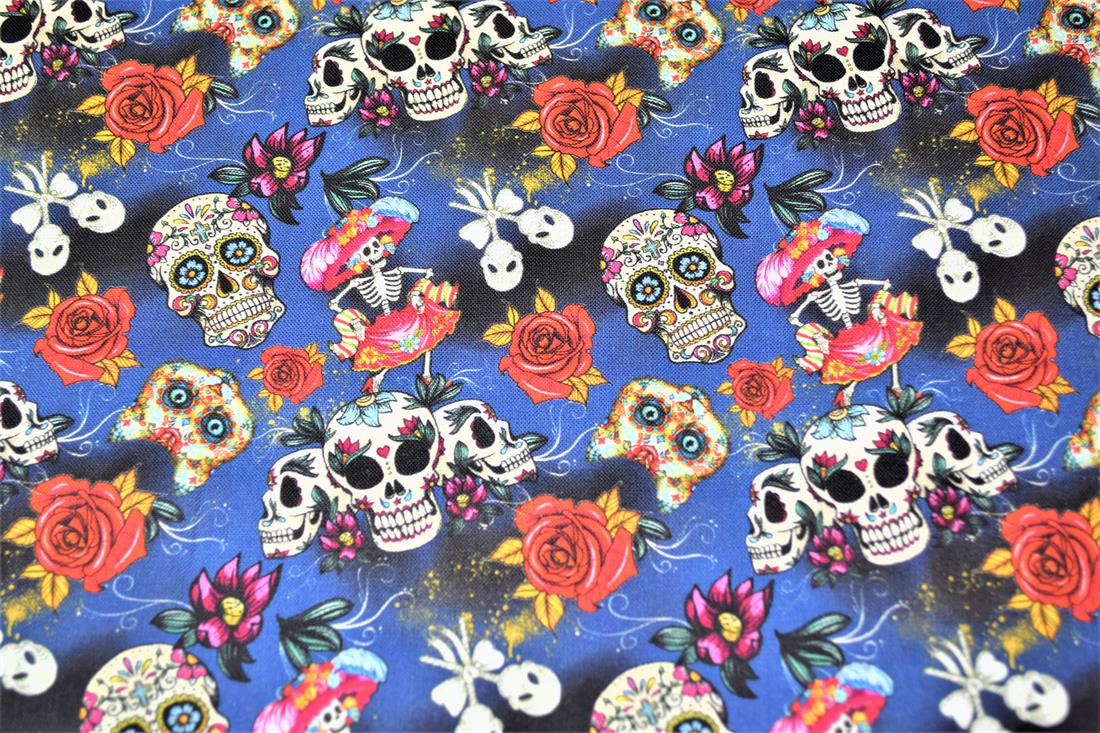 Navy Blue Day Of The Dead Printed 100% Cotton Fabric