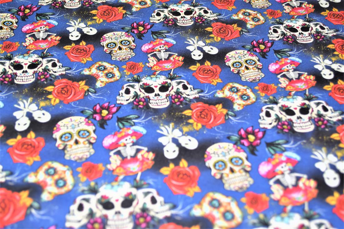 Navy Blue Day Of The Dead Printed 100% Cotton Fabric