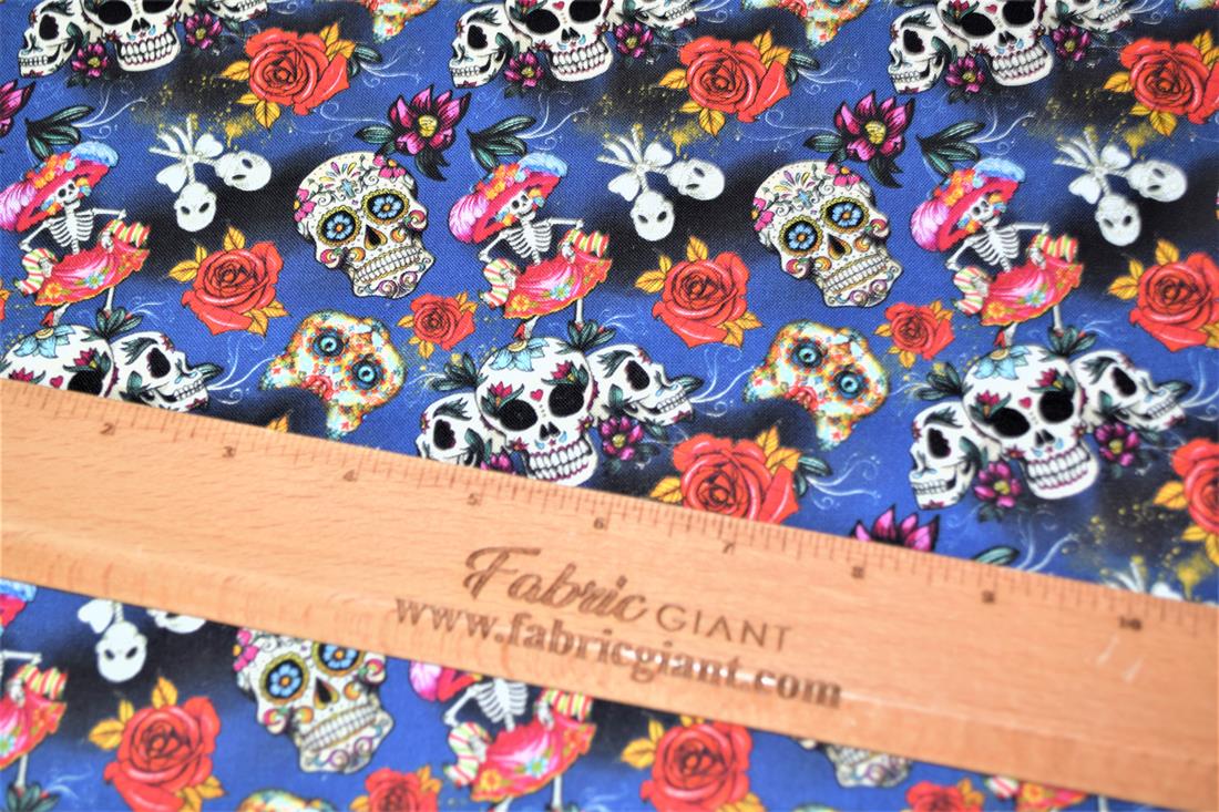 Navy Blue Day Of The Dead Printed 100% Cotton Fabric