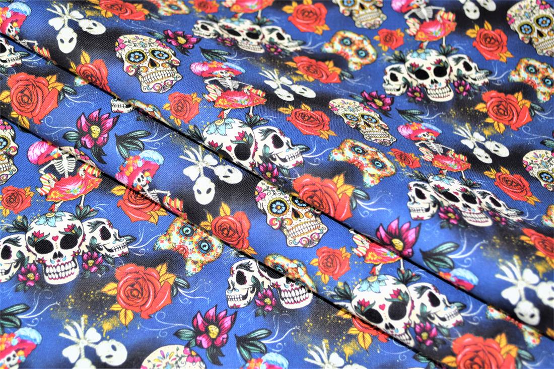 Navy Blue Day Of The Dead Printed 100% Cotton Fabric