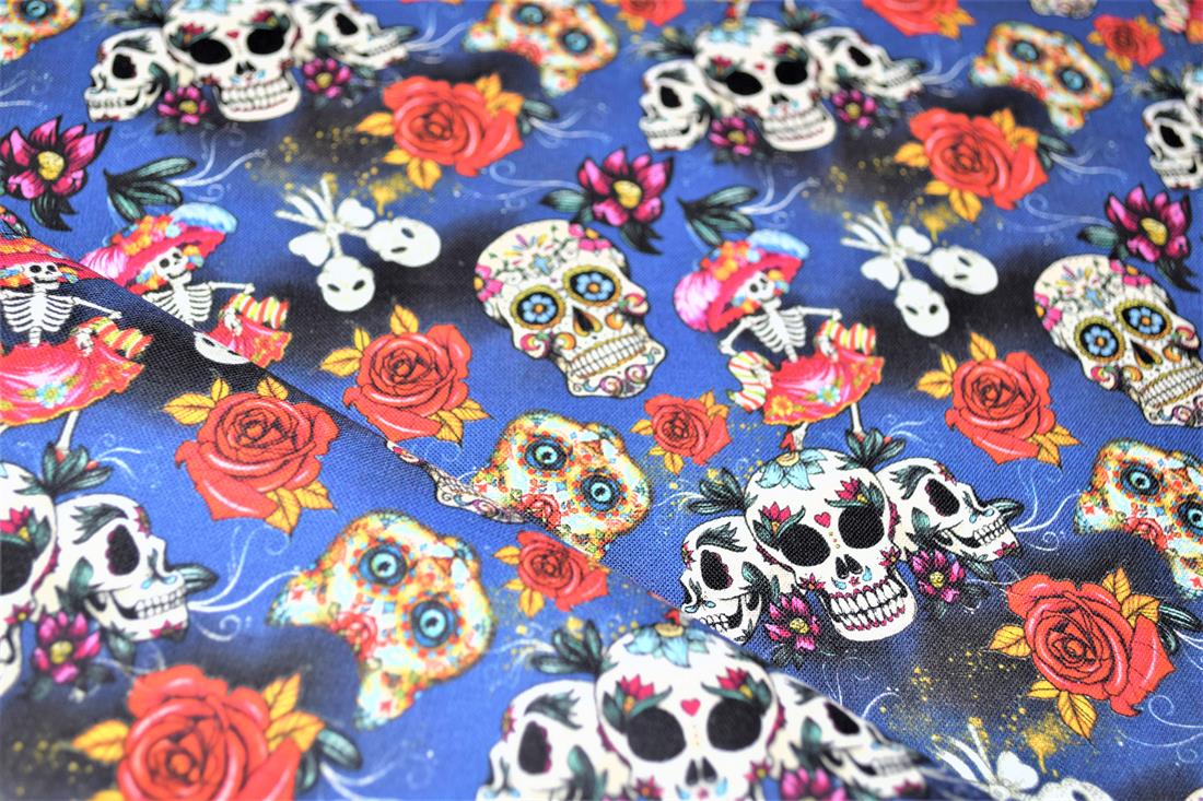 Navy Blue Day Of The Dead Printed 100% Cotton Fabric