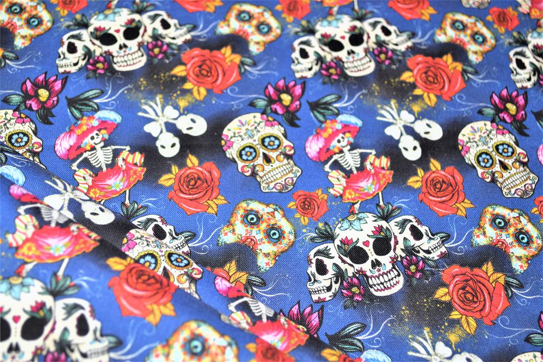 Navy Blue Day Of The Dead Printed 100% Cotton Fabric