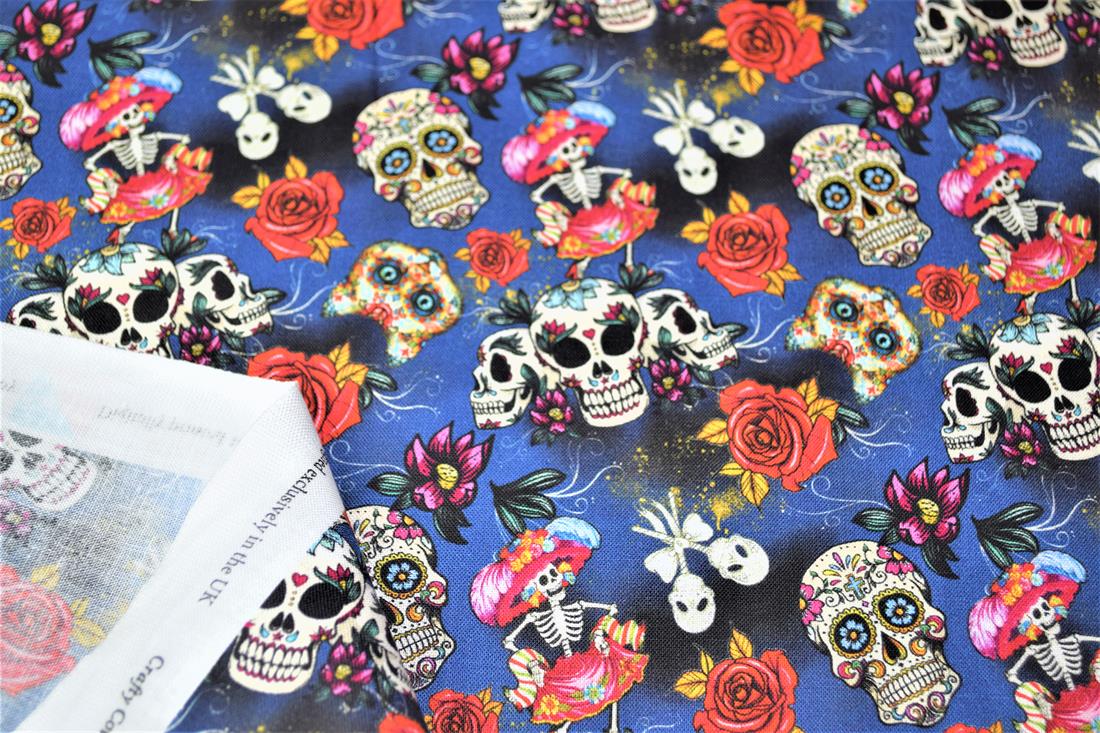 Navy Blue Day Of The Dead Printed 100% Cotton Fabric