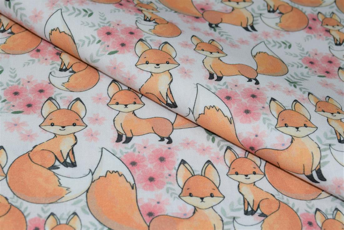 White Little Johnny Cute Baby Fox 100% Cotton Fabric