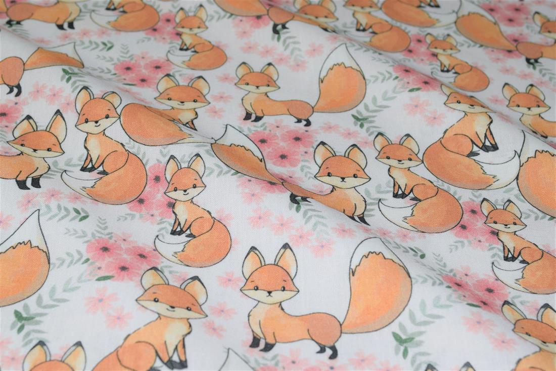 White Little Johnny Cute Baby Fox 100% Cotton Fabric