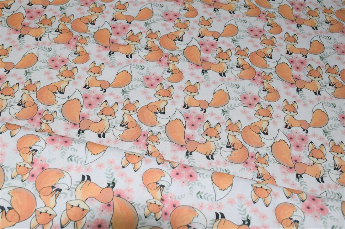 White Little Johnny Cute Baby Fox 100% Cotton Fabric