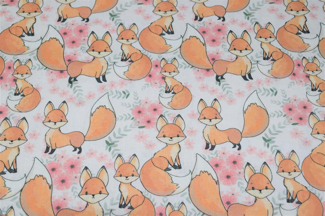 White Little Johnny Cute Baby Fox 100% Cotton Fabric