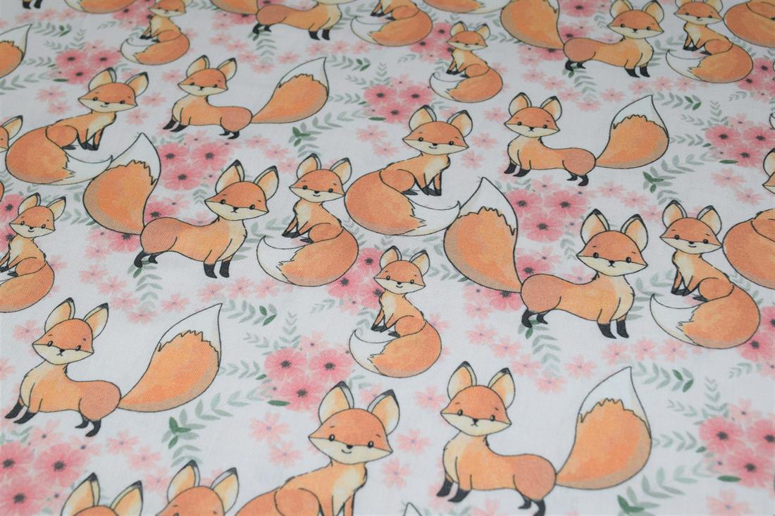 White Little Johnny Cute Baby Fox 100% Cotton Fabric
