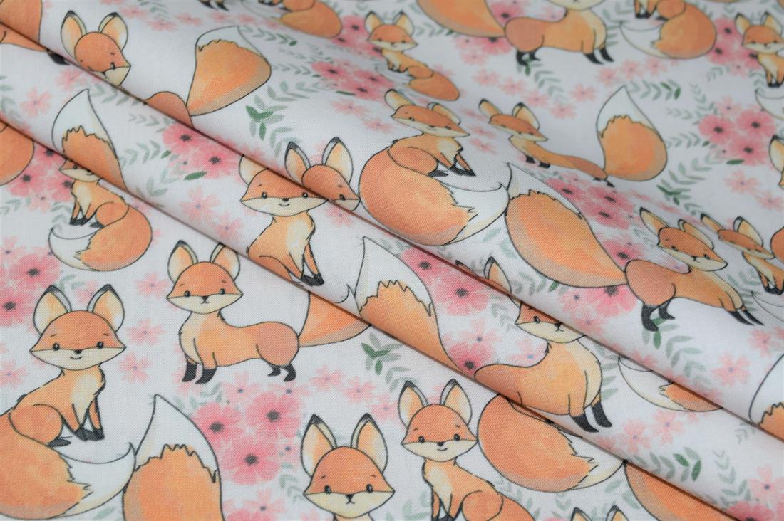 White Little Johnny Cute Baby Fox 100% Cotton Fabric