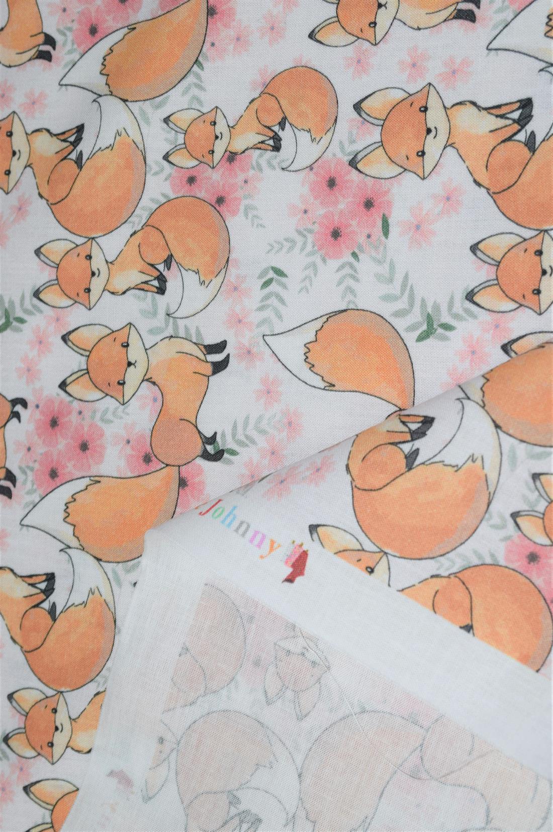 White Little Johnny Cute Baby Fox 100% Cotton Fabric