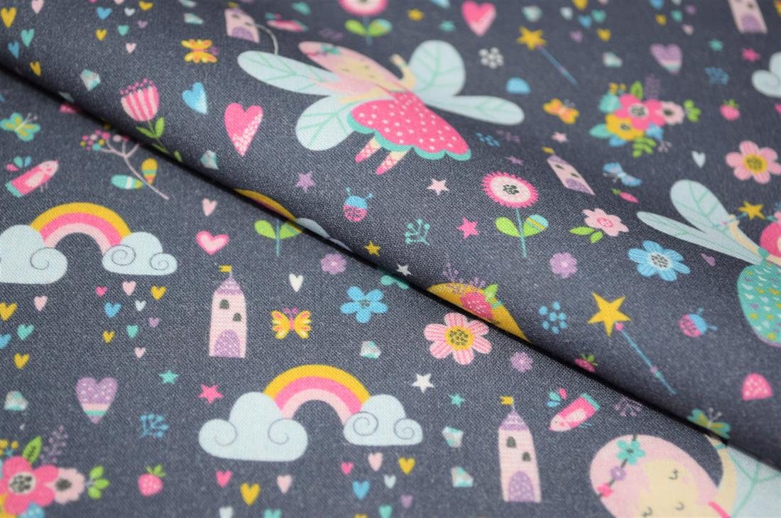 Navy Little Johnny Dancing Fairies Printed 100% Cotton Fabric
