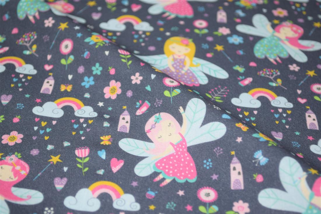 Navy Little Johnny Dancing Fairies Printed 100% Cotton Fabric