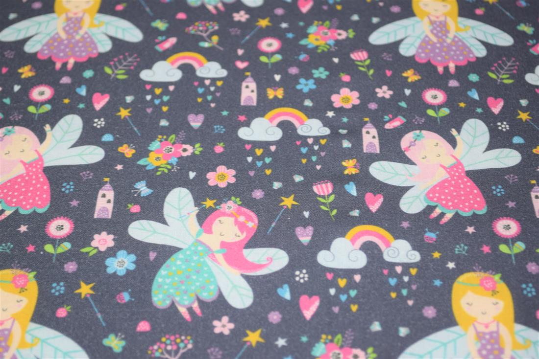 Navy Little Johnny Dancing Fairies Printed 100% Cotton Fabric