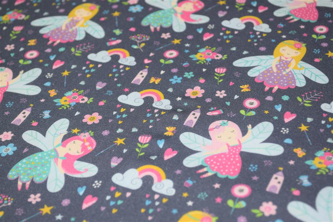 Navy Little Johnny Dancing Fairies Printed 100% Cotton Fabric