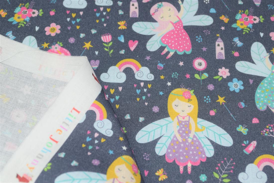 Navy Little Johnny Dancing Fairies Printed 100% Cotton Fabric