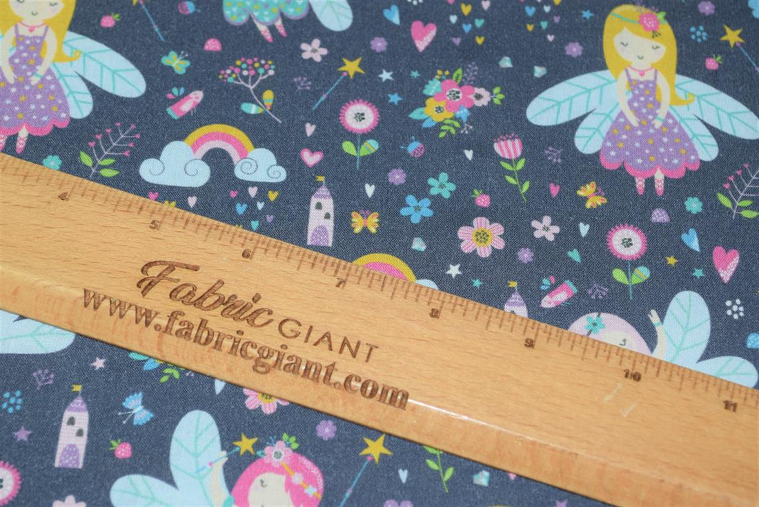 Navy Little Johnny Dancing Fairies Printed 100% Cotton Fabric