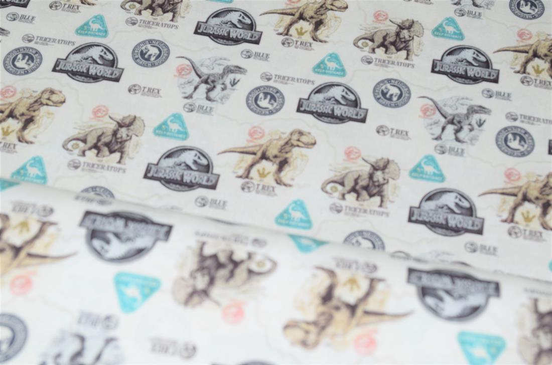 Cream Jurassic World Badge Cotton Printed Fabric