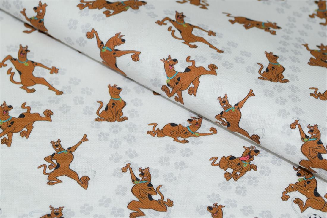White Scooby Doo Print Cotton Fabric
