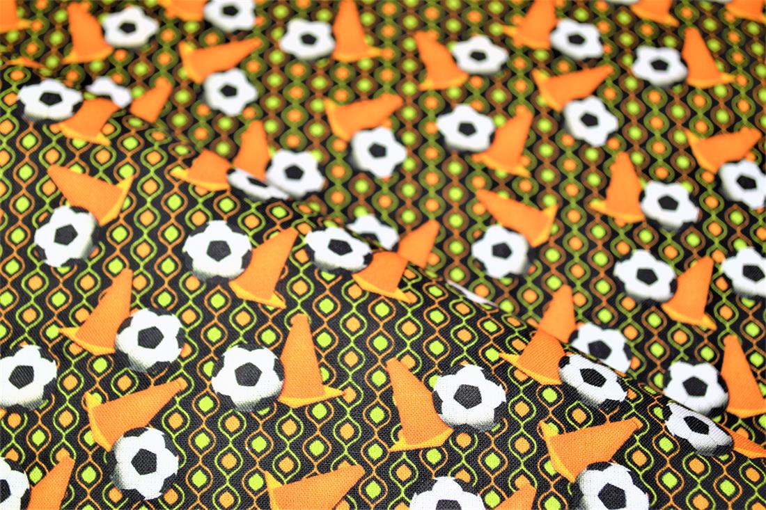 Orange & Green Printed 100% Cotton, Football Fabric