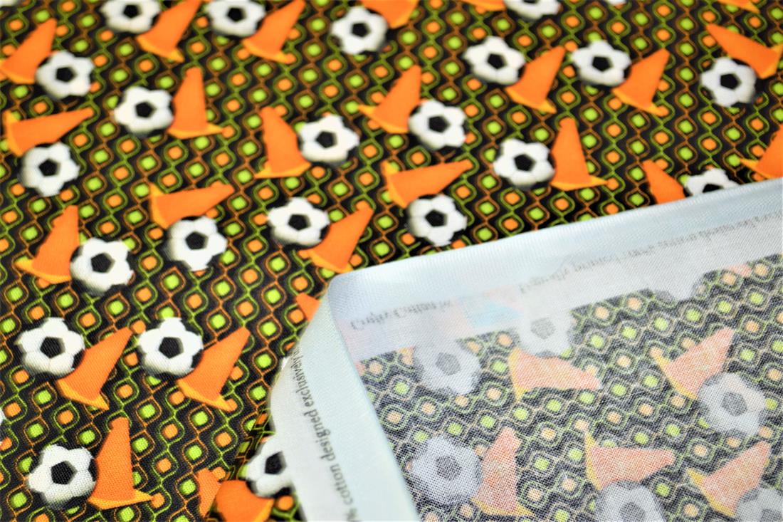Orange & Green Printed 100% Cotton, Football Fabric