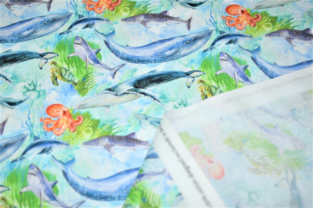 Green Printed 100% Cotton, Sealife Fabric