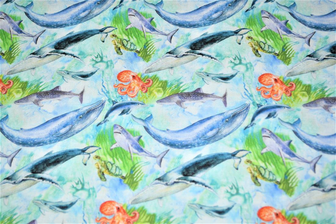 Green Printed 100% Cotton, Sealife Fabric