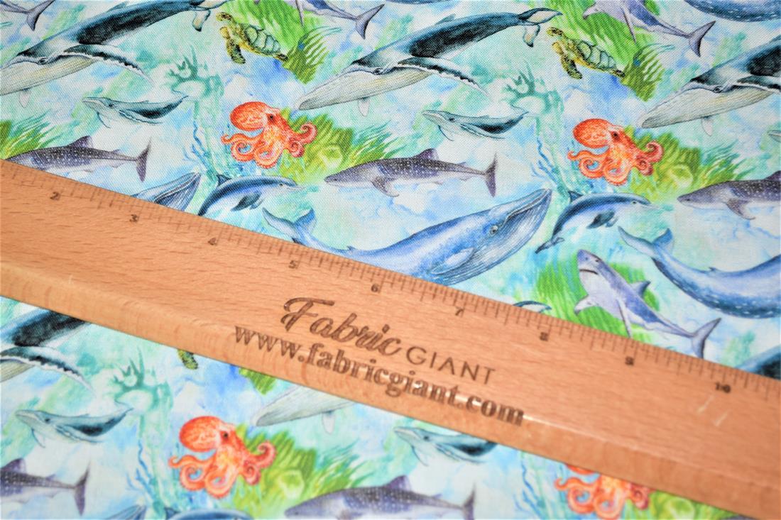 Green Printed 100% Cotton, Sealife Fabric