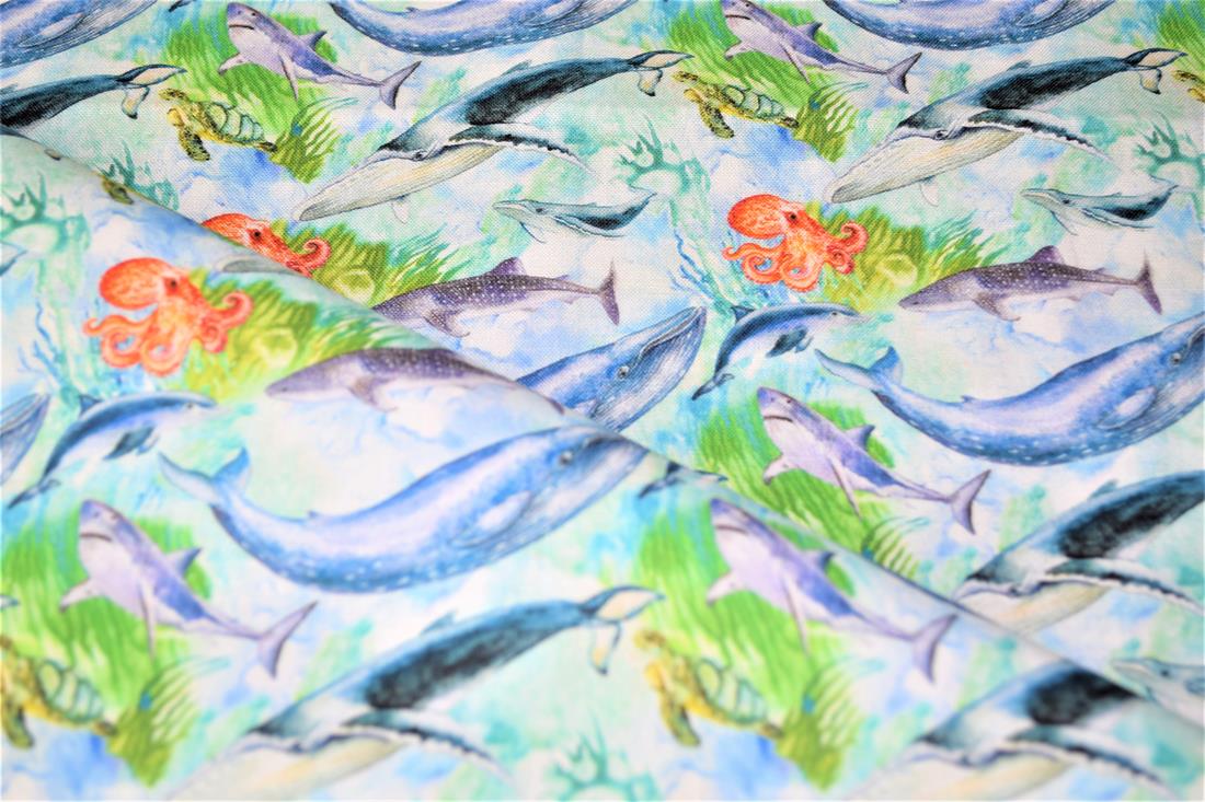 Green Printed 100% Cotton, Sealife Fabric