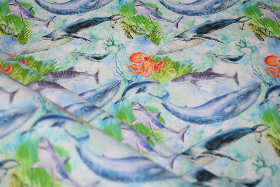 Green Printed 100% Cotton, Sealife Fabric