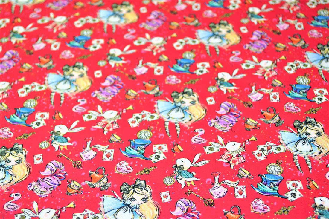 Red Printed 100% Cotton, Wonderland Fabric