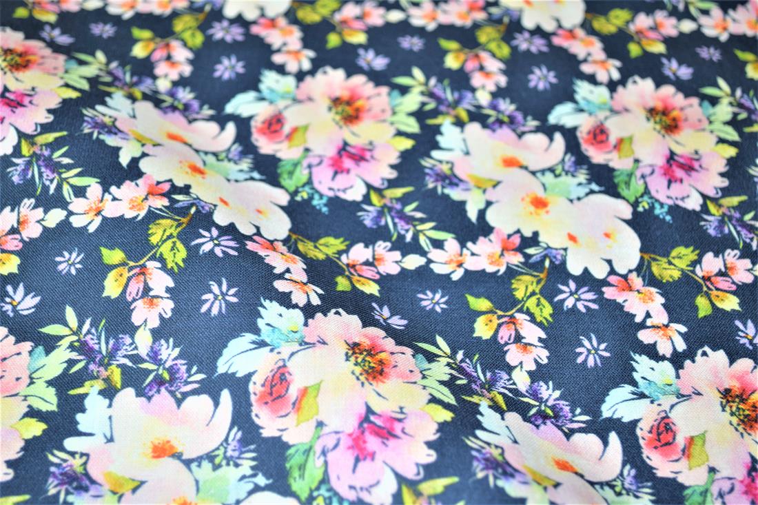 Navy Roses Print Cotton Fabric